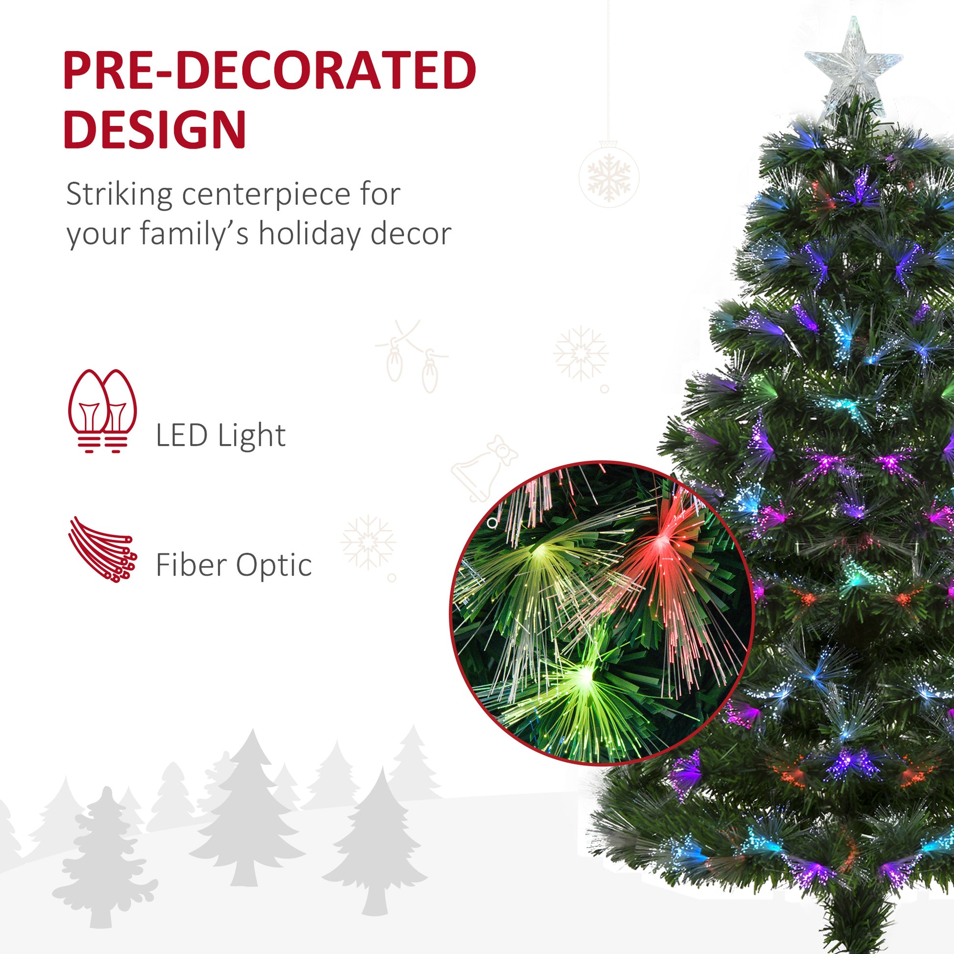 HOMCOM HOMCM 1.2m Tall Artificial Tree Fiber Optic Colorful LED Pre-Lit Holiday Home Christmas Decoration with Flash Mode, Green