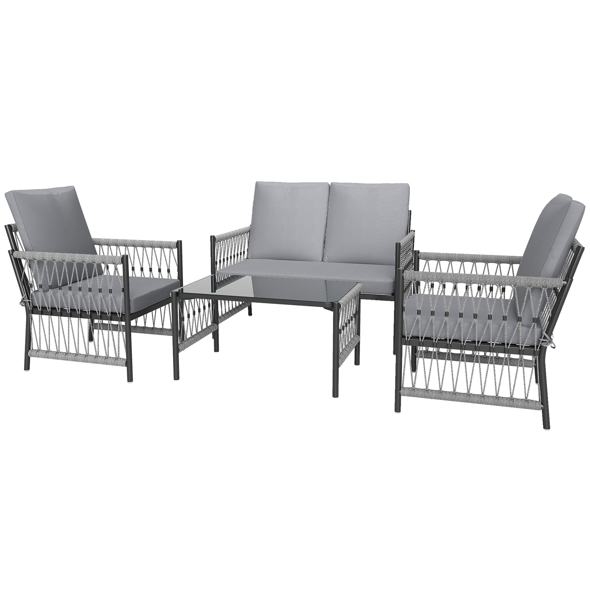 Outsunny 4 Piece Rattan Garden Furniture Set, 4 Seater Wicker Patio Conversation Set with 2 Armchairs, Loveseat, Glass Top Coffee Table and Cushions for Outdoor, Balcony, Grey