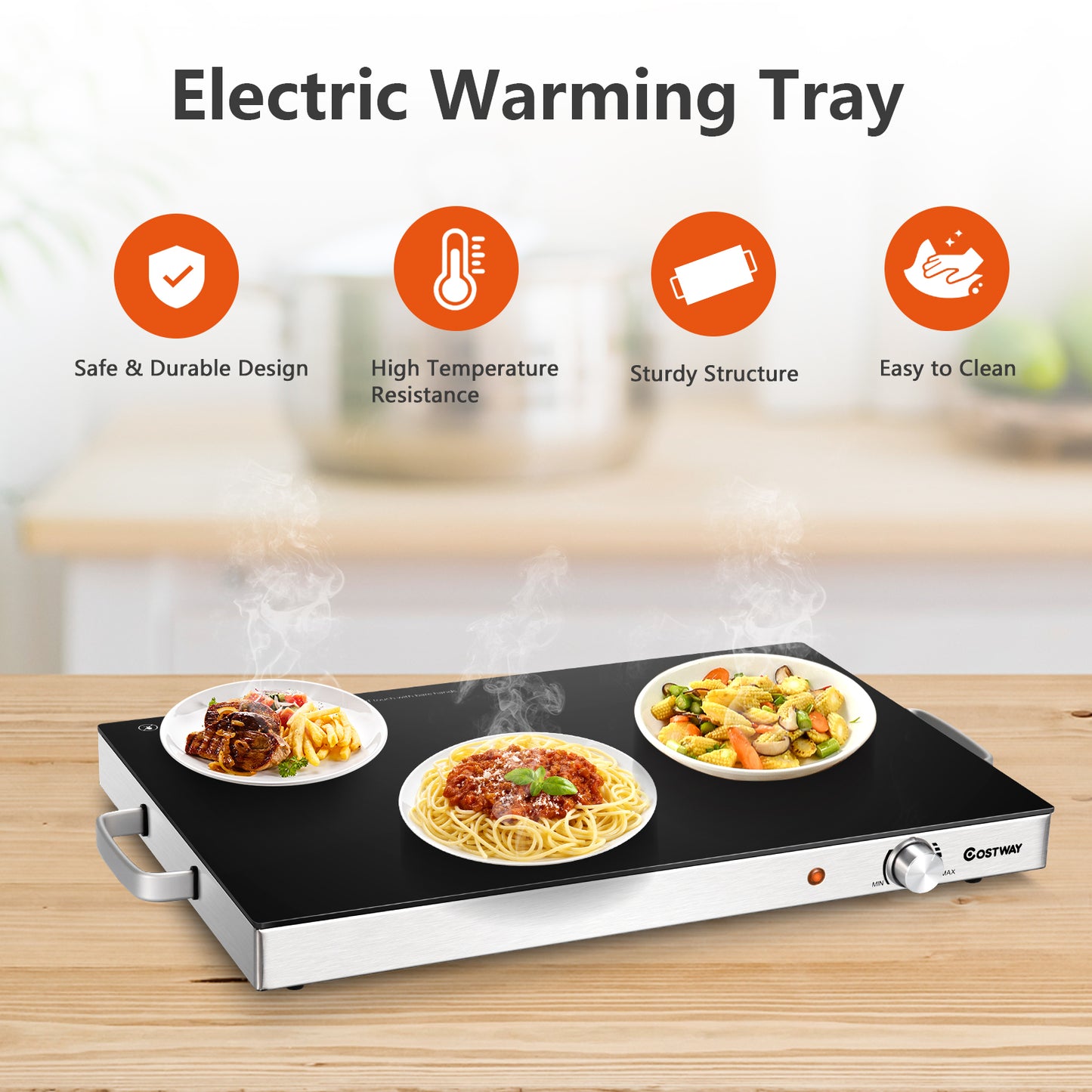 Electric Warming Tray with Cool-Touch Handles and Stainless Steel Frame