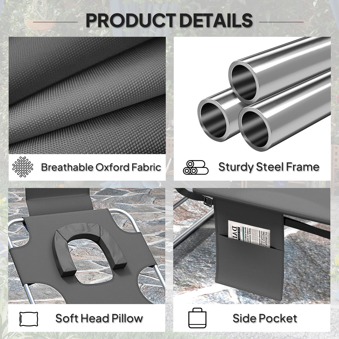 Outsunny Foldable Sun Lounger Set of 2, Beach Chaise Lounge with Reading Hole, Arm Slots, 5-Position Adjustable Backrest, Side Pocket, Pillow for Garden, Beach, Pool, Dark Grey