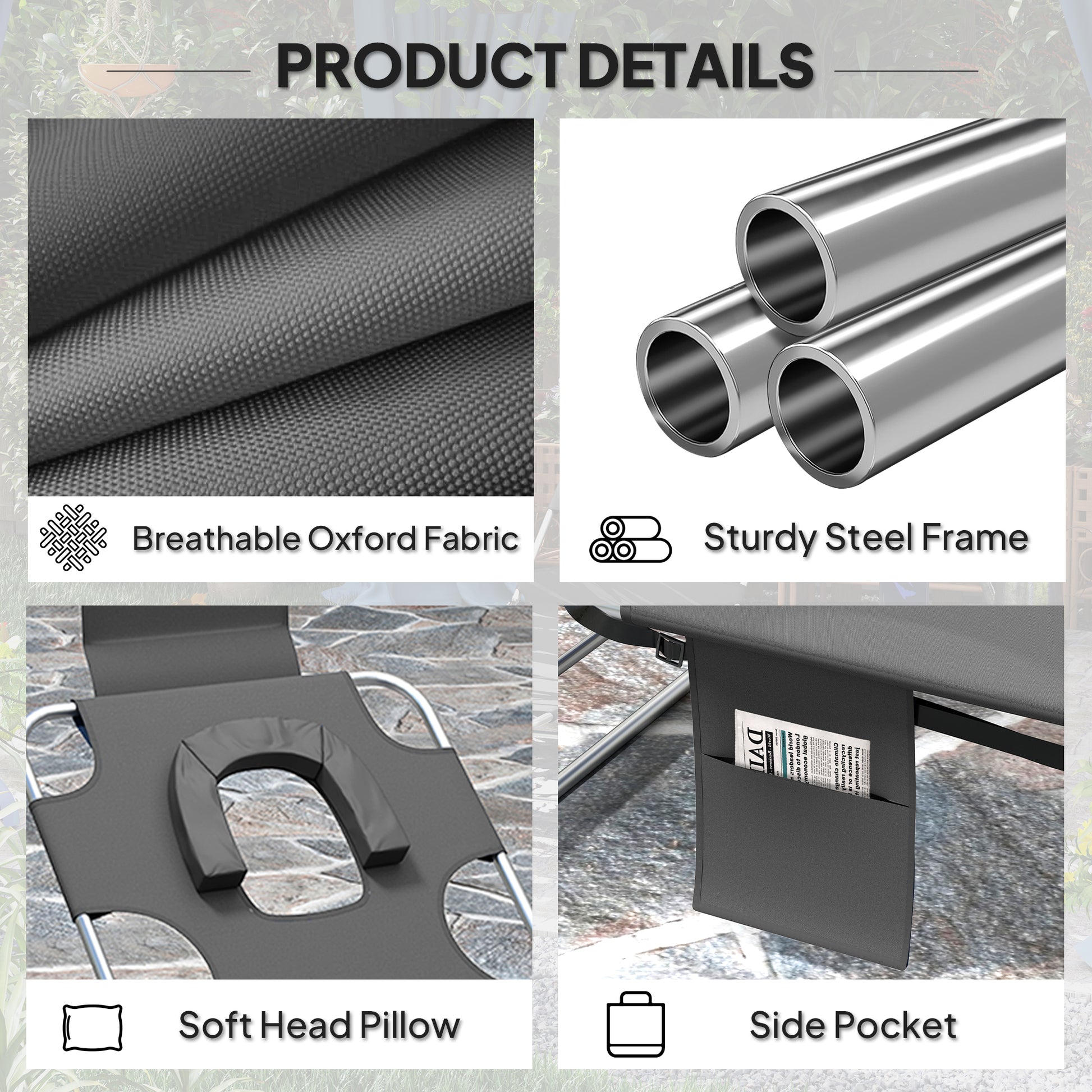 Outsunny Foldable Sun Lounger Set of 2, Beach Chaise Lounge with Reading Hole, Arm Slots, 5-Position Adjustable Backrest, Side Pocket, Pillow for Garden, Beach, Pool, Dark Grey