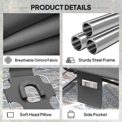 Outsunny Foldable Sun Lounger Set of 2, Beach Chaise Lounge with Reading Hole, Arm Slots, 5-Position Adjustable Backrest, Side Pocket, Pillow for Garden, Beach, Pool, Dark Grey