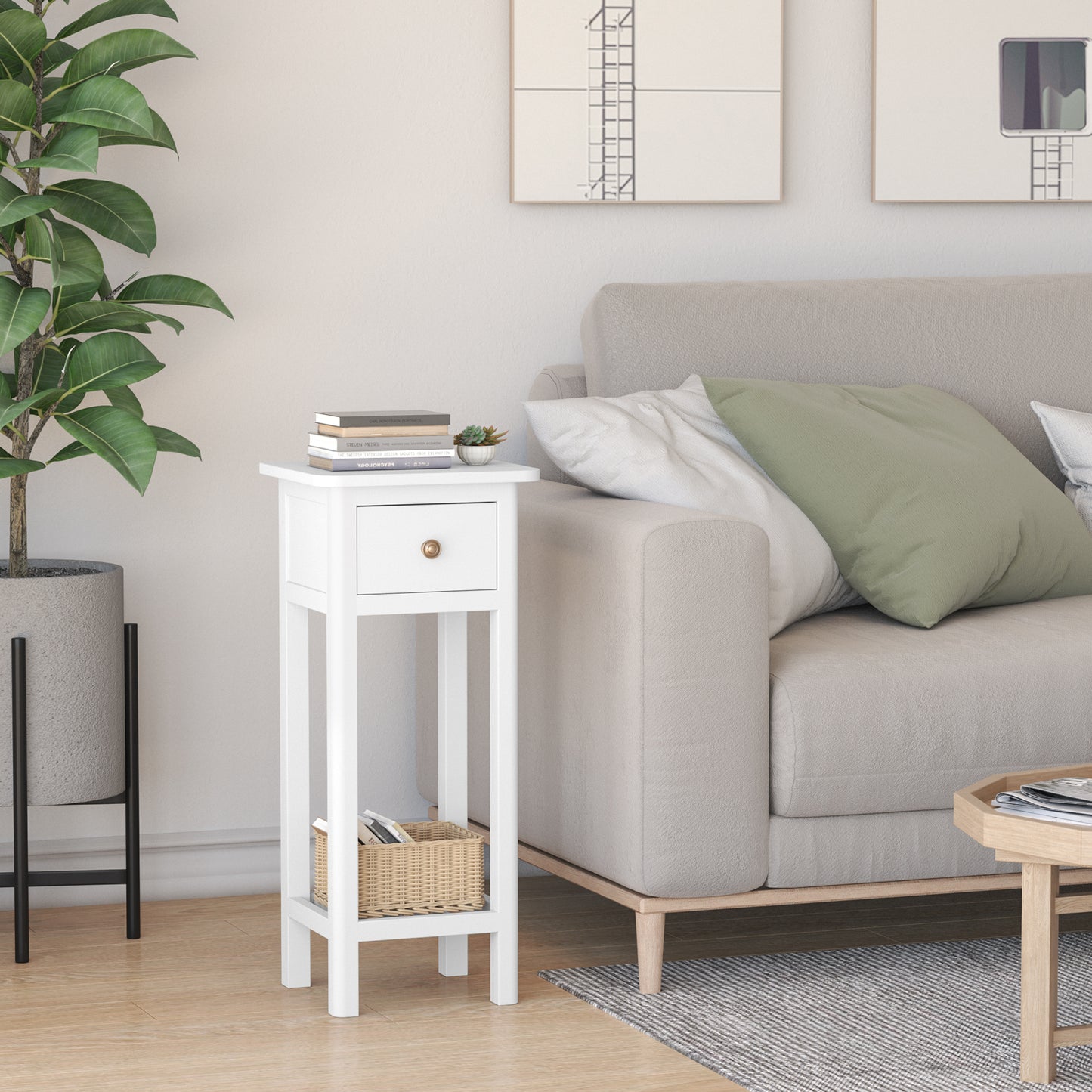 End Table with Storage Shelf and Drawer-White