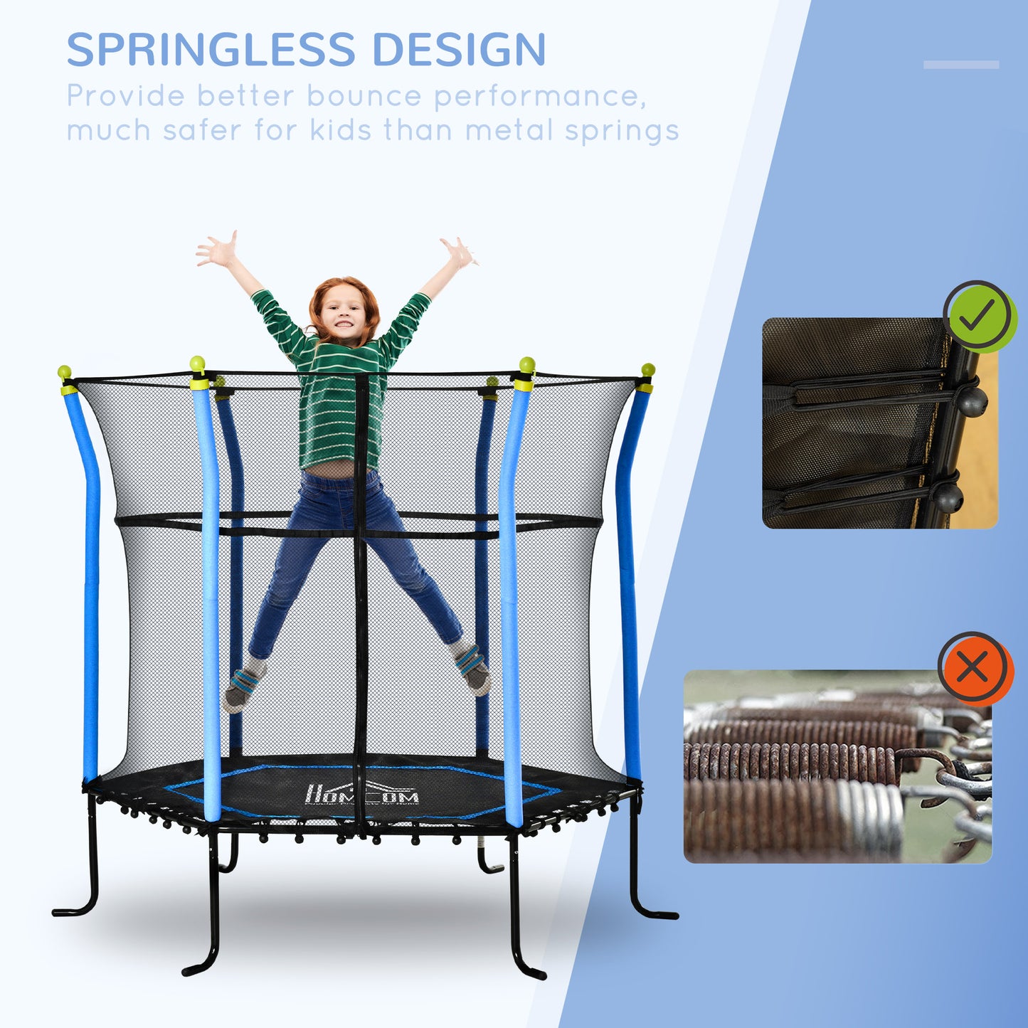 HOMCOM 5.2FT / 63 Inch Kids Trampoline With Enclosure Net Mini Indoor Outdoor Trampolines for Child Toddler Age 3 - 10 Years Blue