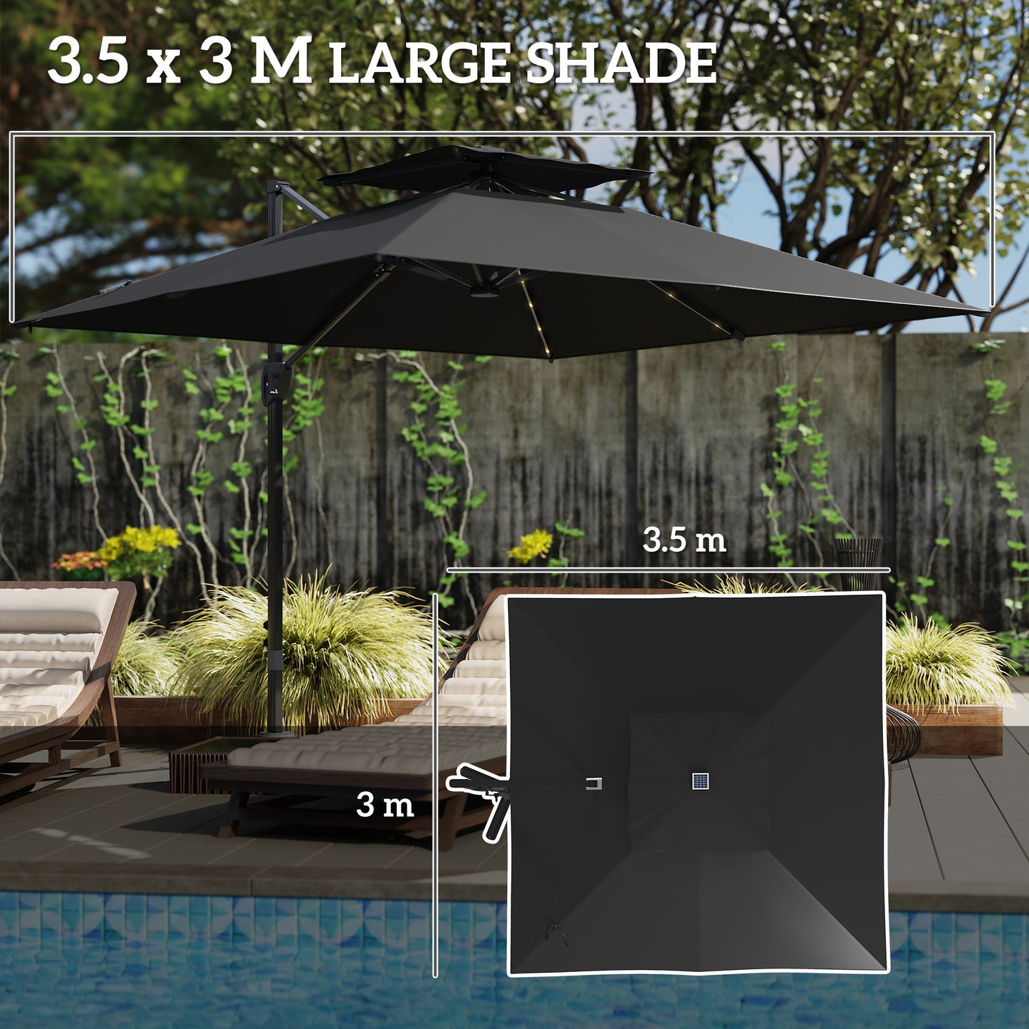 Outsunny 3.5x3 m Garden Cantilever Parasol with Solar LED Lights and Centre Light, UPF50+ Aluminium Patio Umbrella with 360° Rotation and Tilt, Hanging Sun Shade with Cross Base, Crank Handle, Black