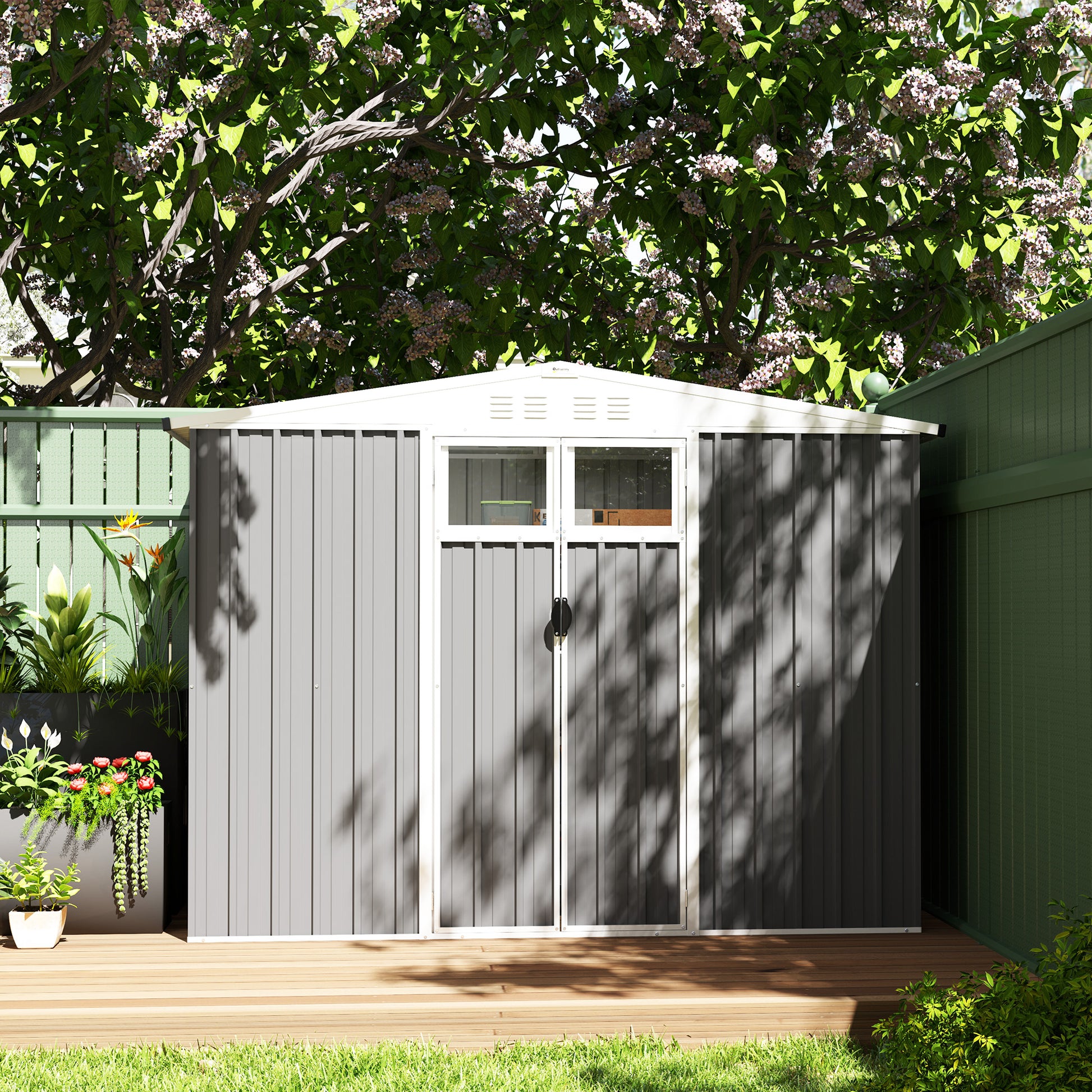 Outsunny 8 x 4 ft Metal Garden Shed, Garden Storage Shed with Window, 4 Vents and Lockable Door, Waterproof Galvanised Steel Tool Storage Shed, Light Grey