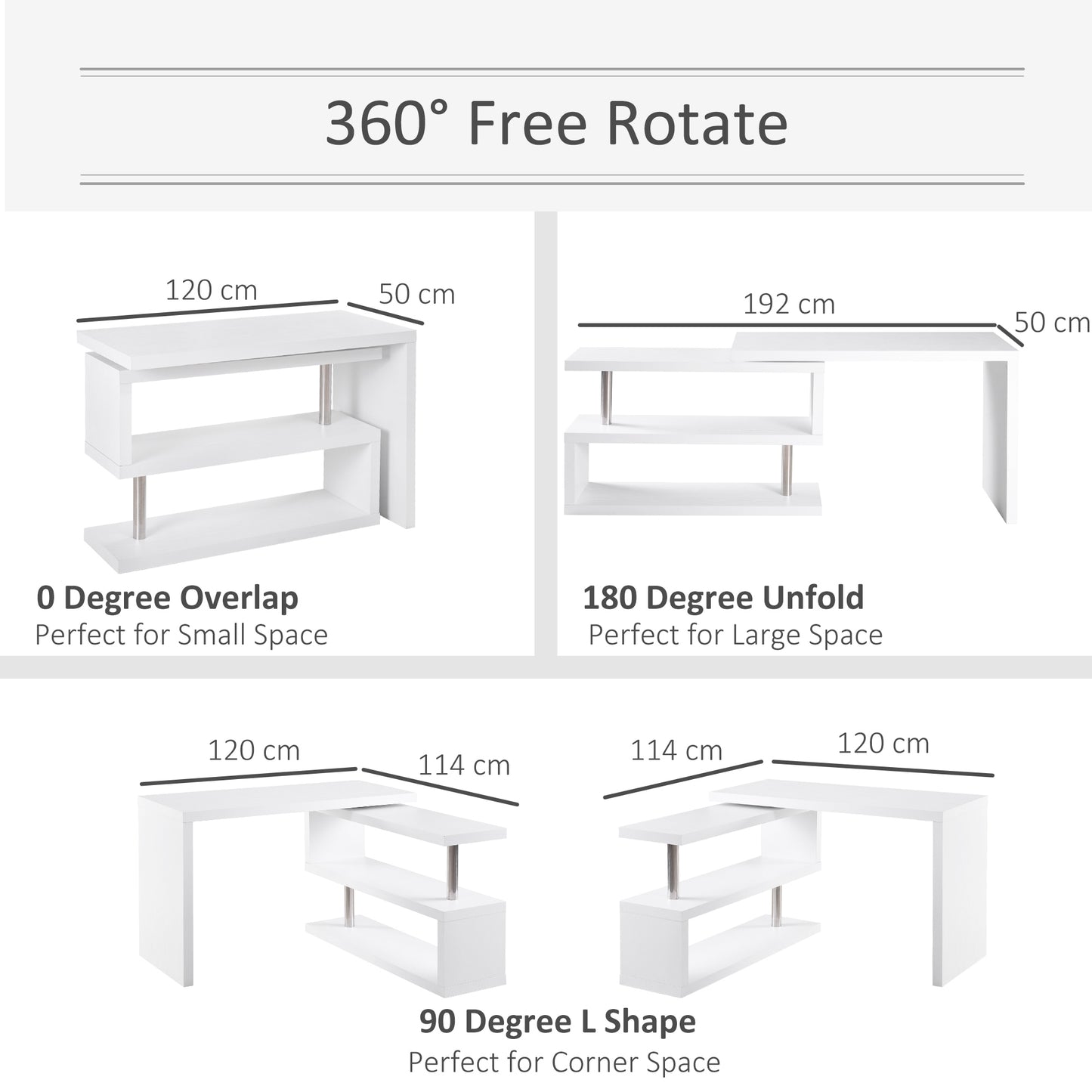 HOMCOM 360° Rotating L-Shaped Corner Computer Desk Home Office Writing Table Swivel Workstation with Storage Shelf, White