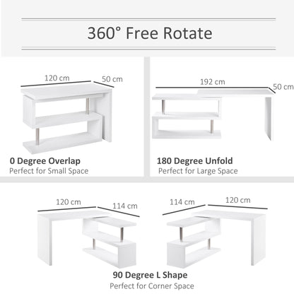 HOMCOM 360° Rotating L-Shaped Corner Computer Desk Home Office Writing Table Swivel Workstation with Storage Shelf, White