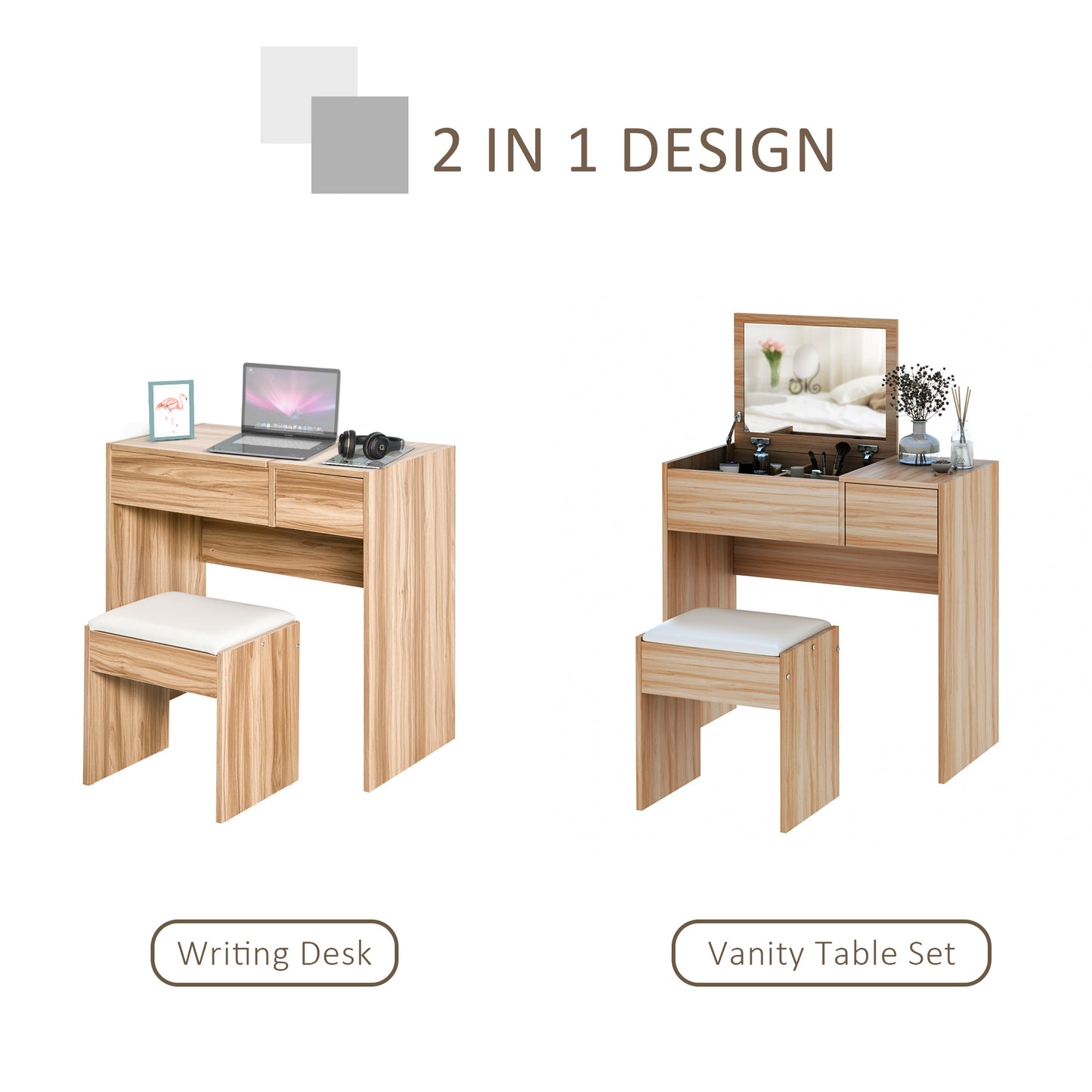 HOMCOM Chipboard Dressing Table Set Cushioned Stool Flip-up Mirror Drawer Wood Grain Colour