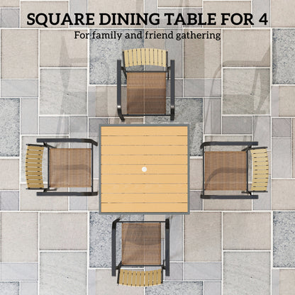 Outsunny Garden Table, 90cm Square Outdoor Patio Dining Table with 4.2 cm Umbrella Hole, Metal Frame, Wood Effect Top, for Terrace, Balcony, Natural Wood Finish