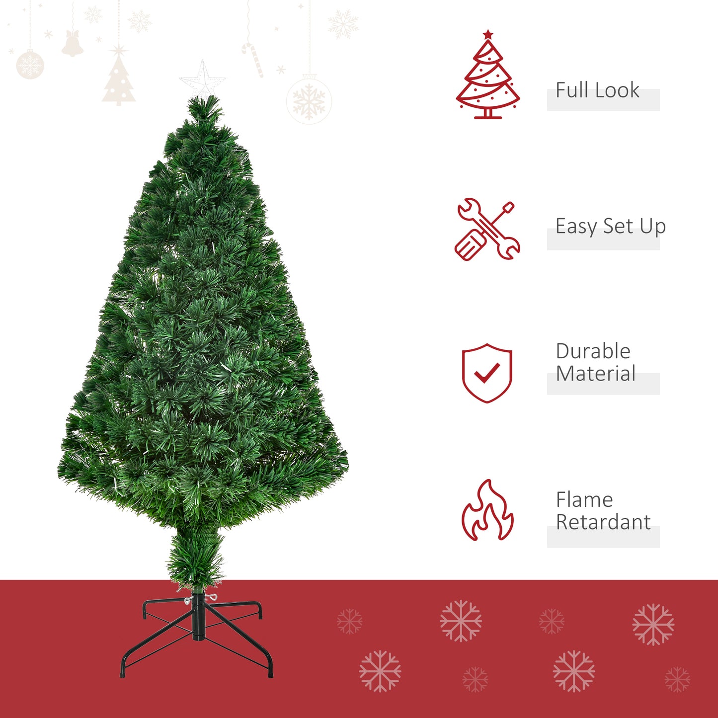 HOMCOM Prelit Christmas Tree Artificial Tree, Metal Base, Pre-Lit, 1.2m
