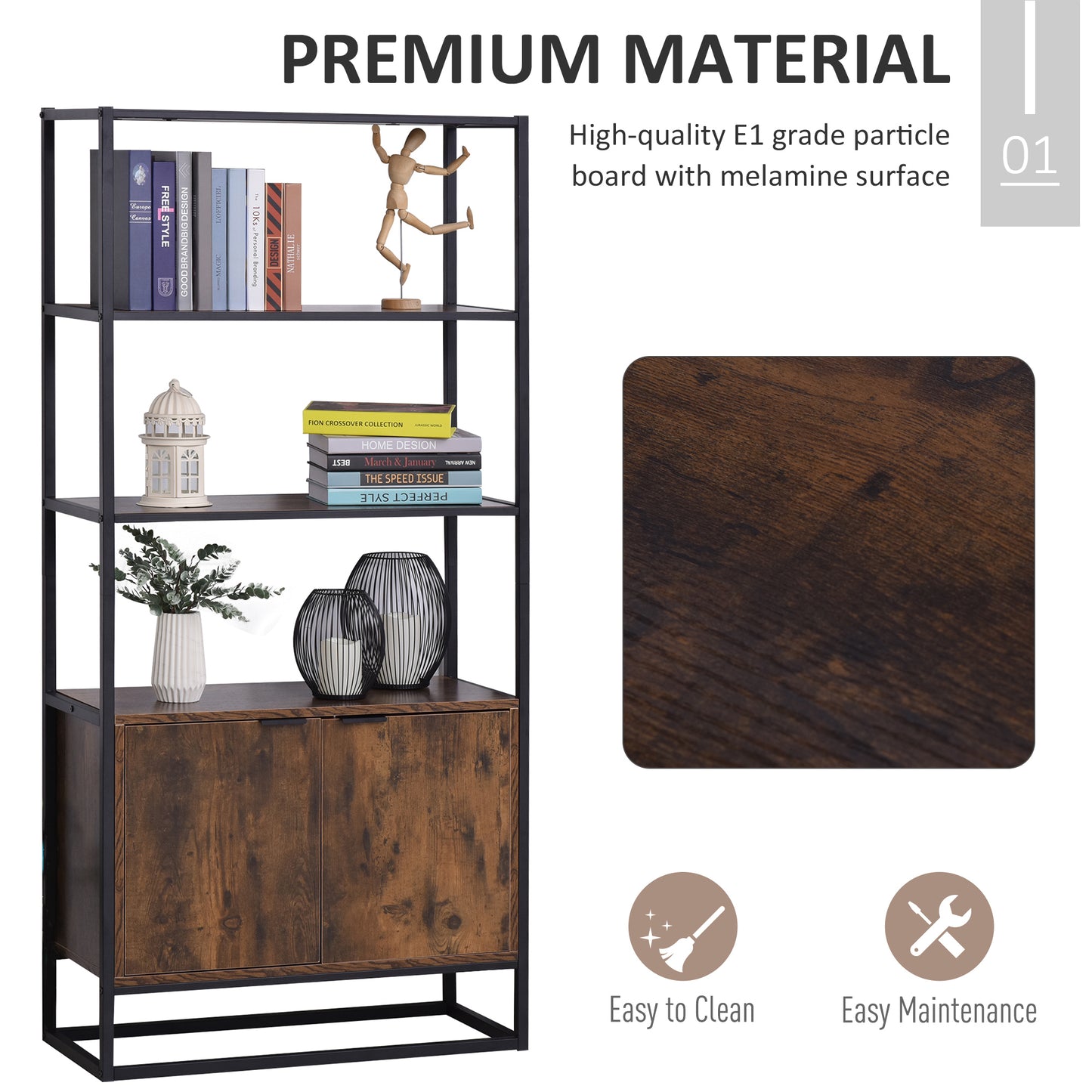 HOMCOM Storage Cabinet with 3 Open Shelves Cupboard Freestanding Tall Organizer Multifunctional Rack for Livingroom Bedroom Kitchen Rustic Brown