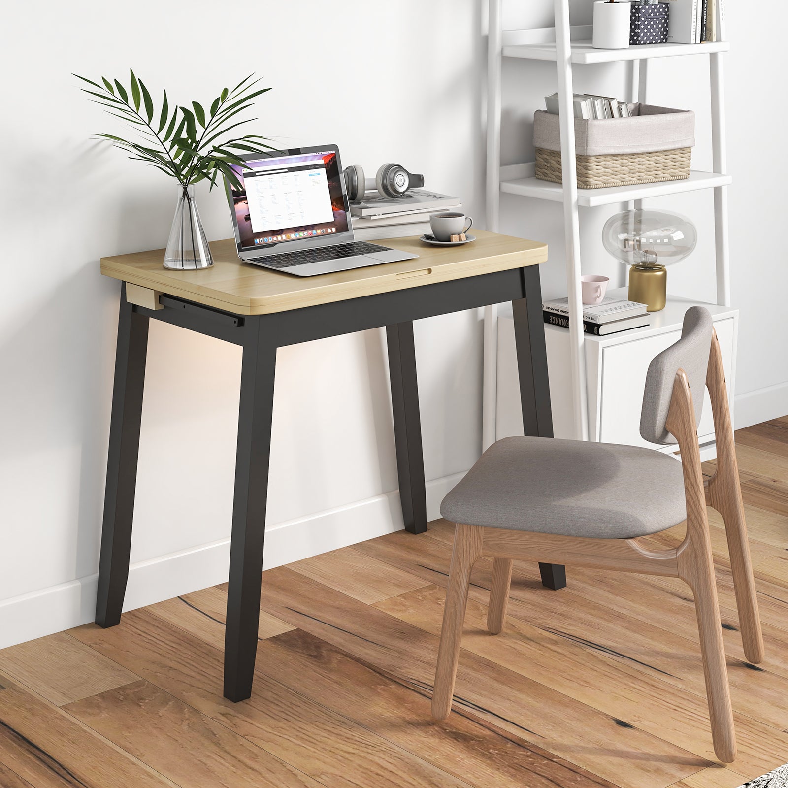 Extendable Dining Table for 4 Folding Kitchen Table with Storage Compartment-Natural