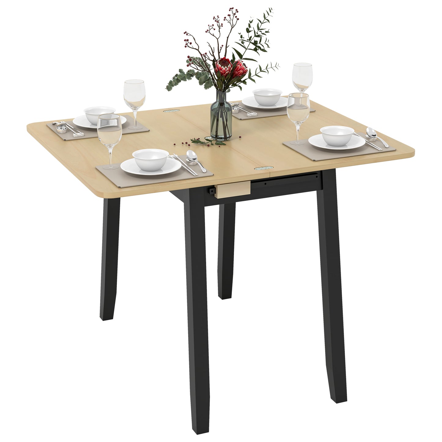 Extendable Dining Table for 4 Folding Kitchen Table with Storage Compartment-Natural