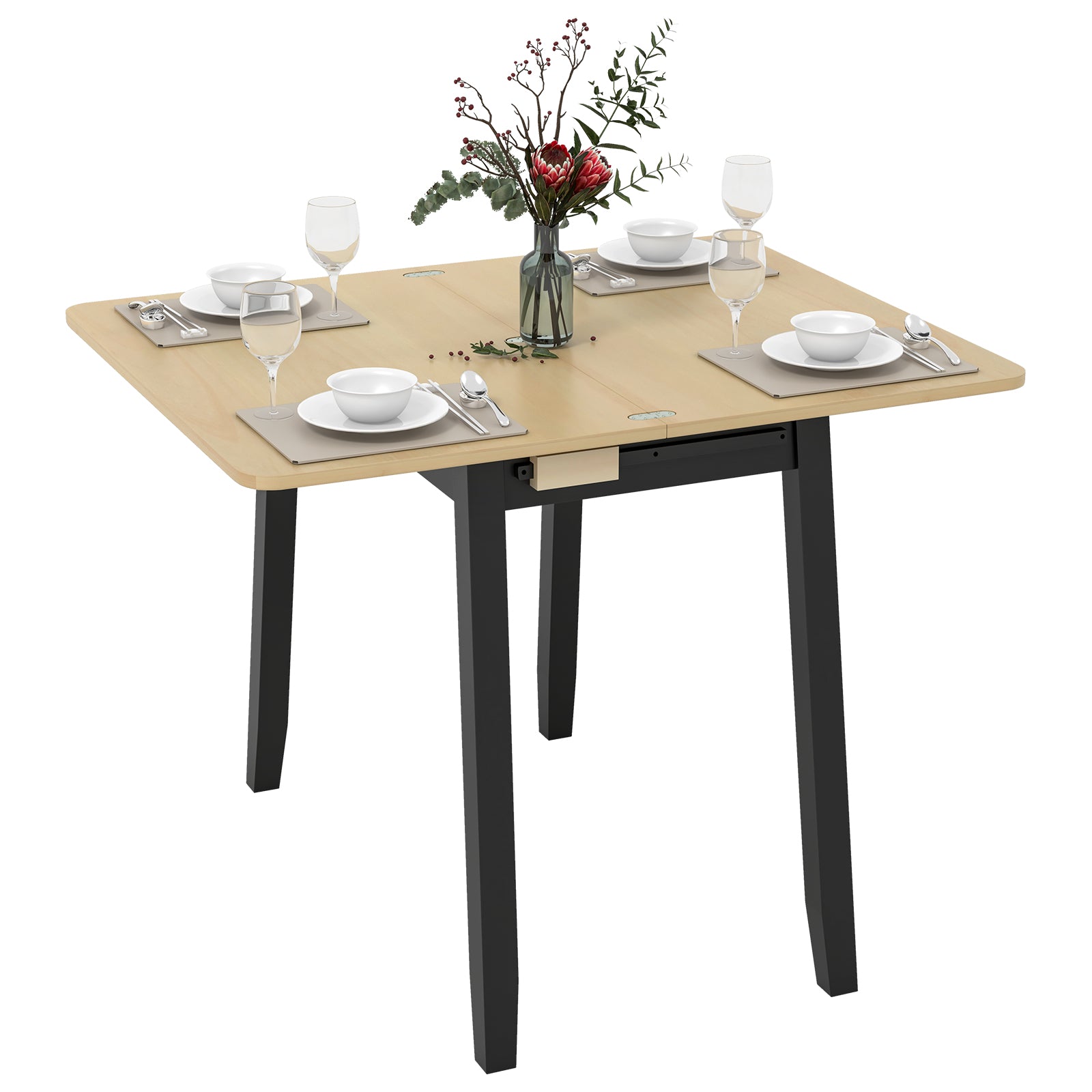 Extendable Dining Table for 4 Folding Kitchen Table with Storage Compartment-Natural
