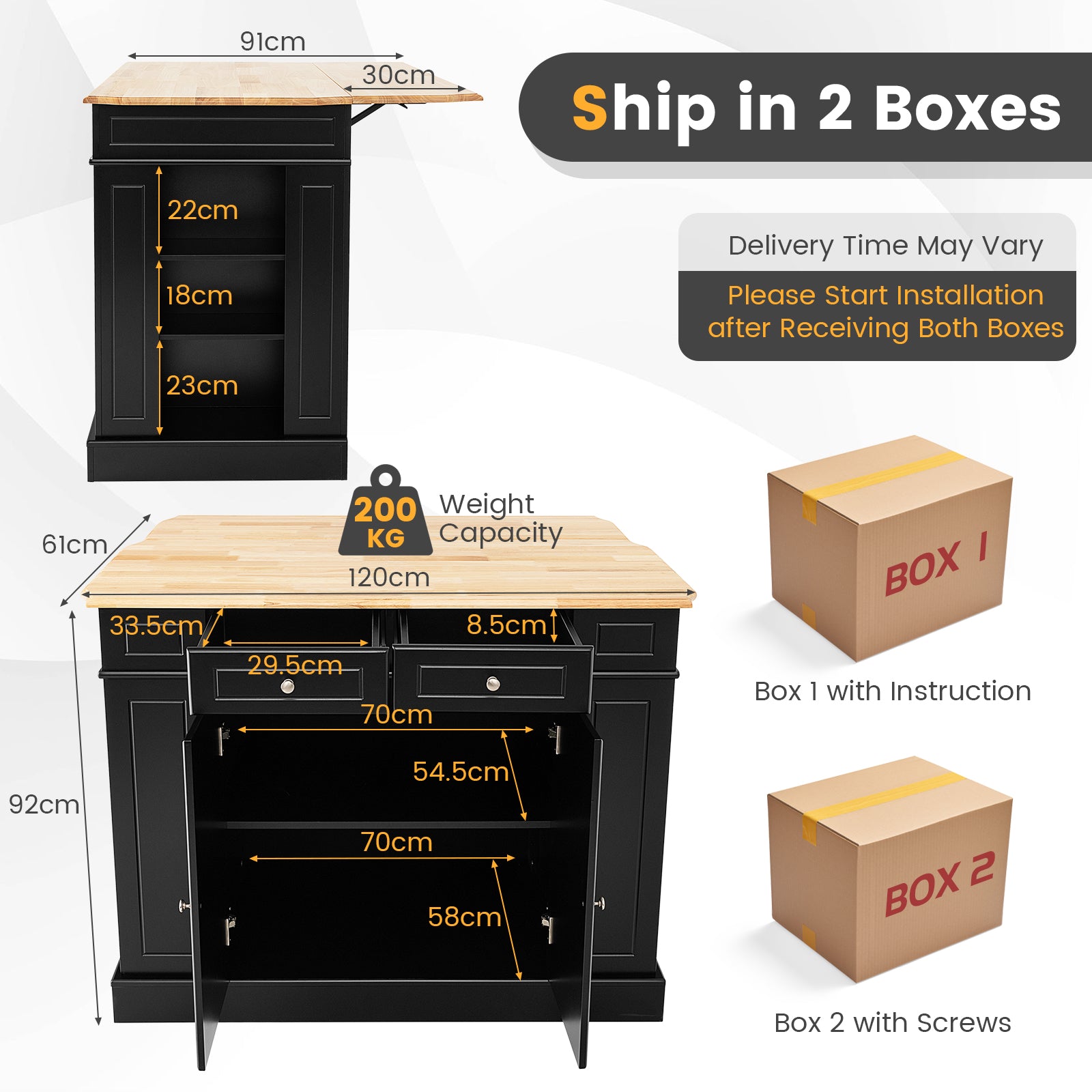 Drop-Leaf Kitchen Island with Extendable Worktop and Adjustable Shelves-Black