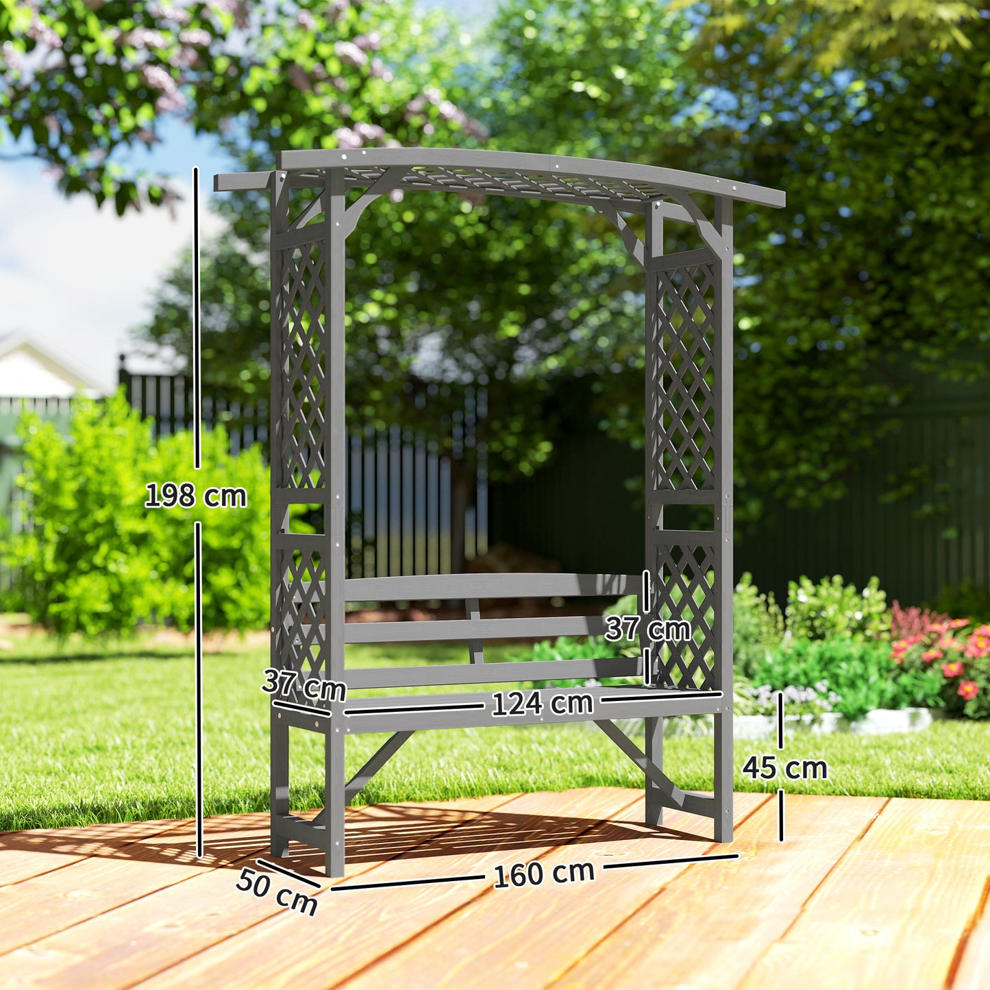 Outsunny Garden Bench, Wooden Garden Arbour with Seat for Vines/Climbing Plants, Grey
