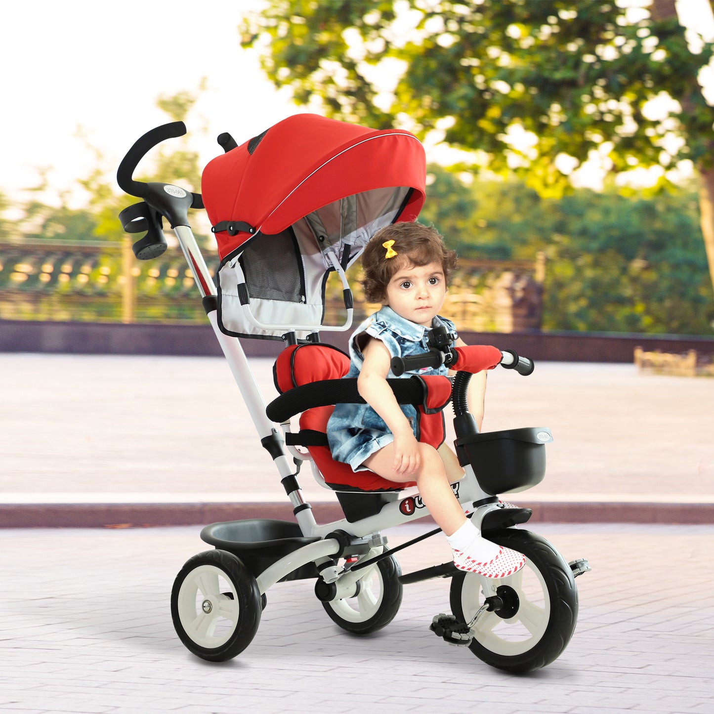 HOMCOM 4-in-1 Kids Tricycle Stroller W/ Canopy-Red