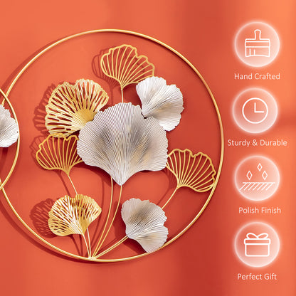 HOMCOM 3D Metal Wall Art Modern Ginkgo Leaves Hanging Wall Sculptures Home Decor for Living Room Bedroom Dining Room, Gold