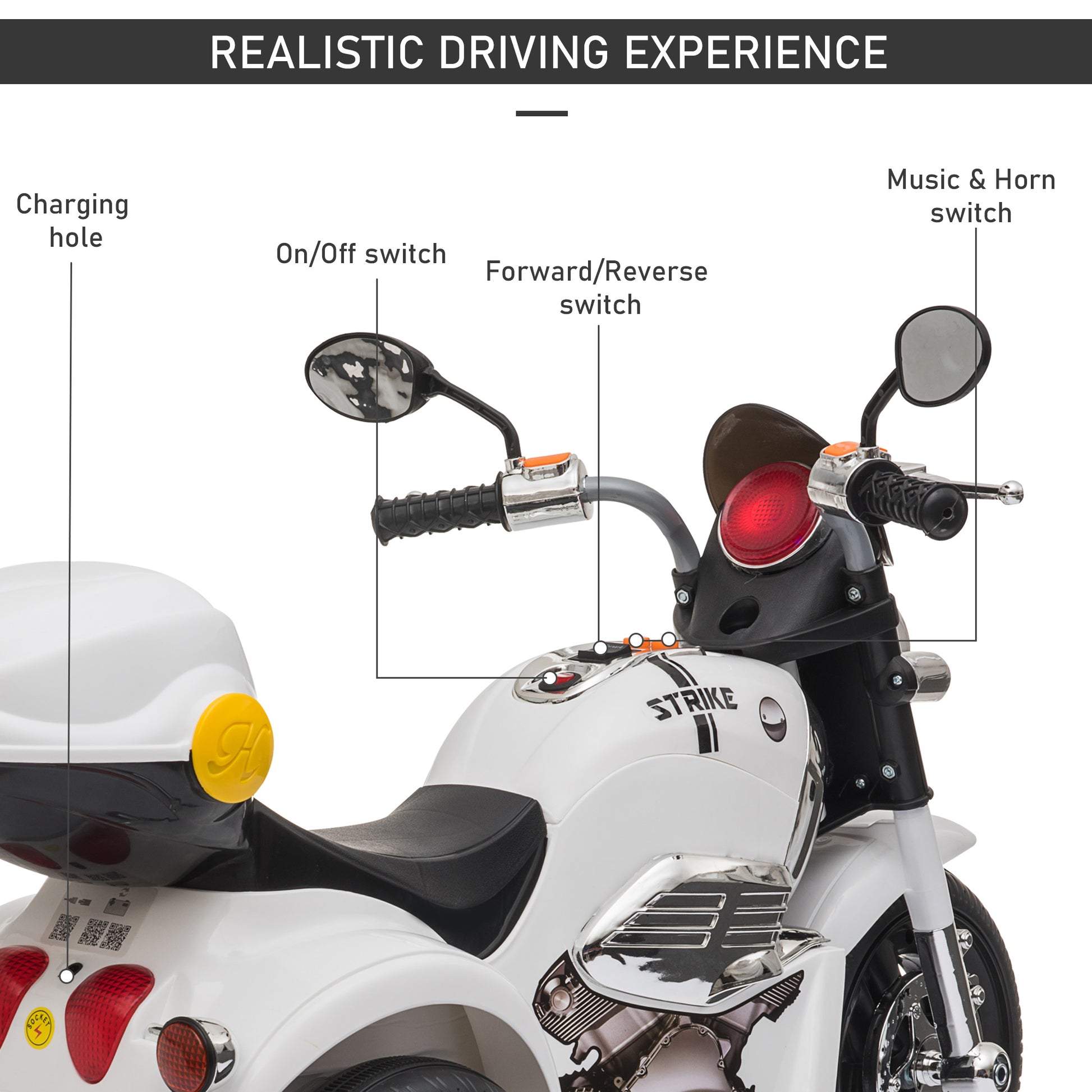 HOMCOM Kids 6V Battery PP Motorcycle Ride On Trike w/ Lights Music Horn 18 - 36 Months White