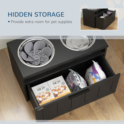 PawHut Raised Dog Bowl with Slow Feeder, Two Stainless Steel Dog Bowls, Drawer, for Large and Extra Large Dogs, Black