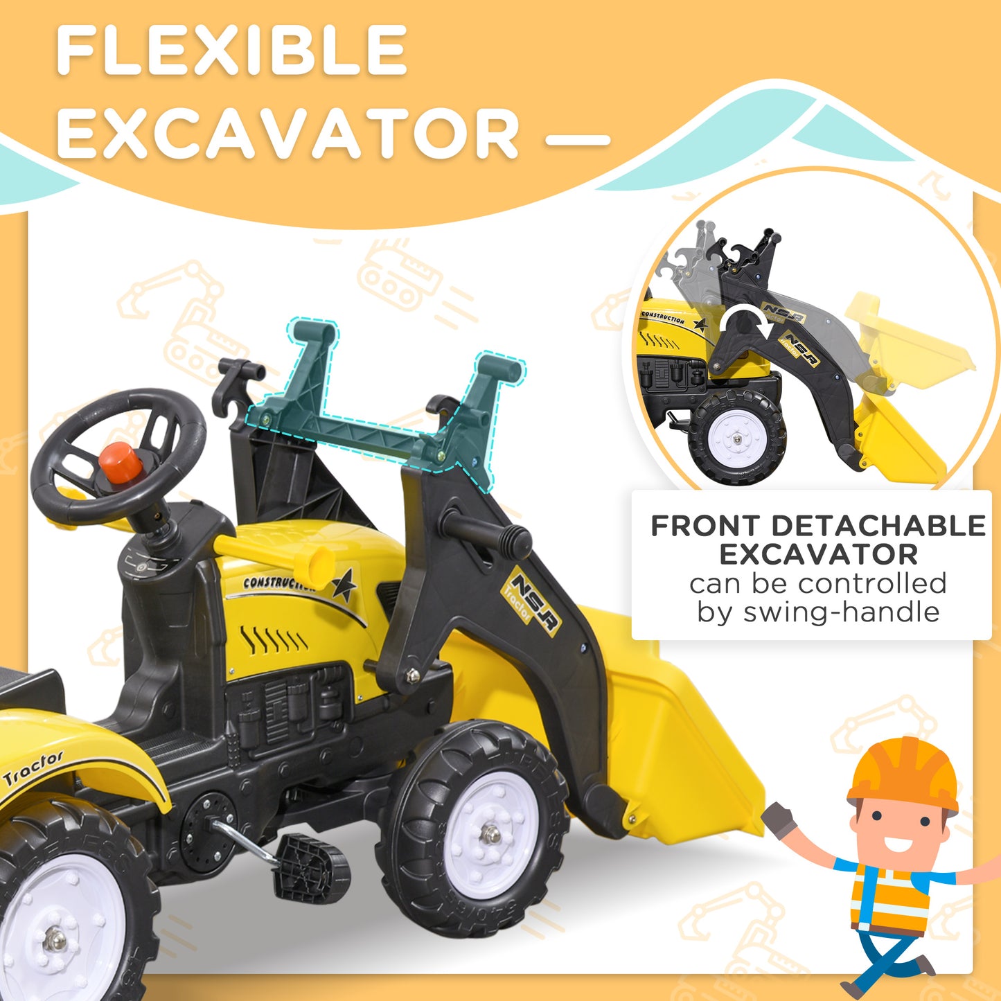 HOMCOM Kids Pedal Go Kart Excavator-Yellow 