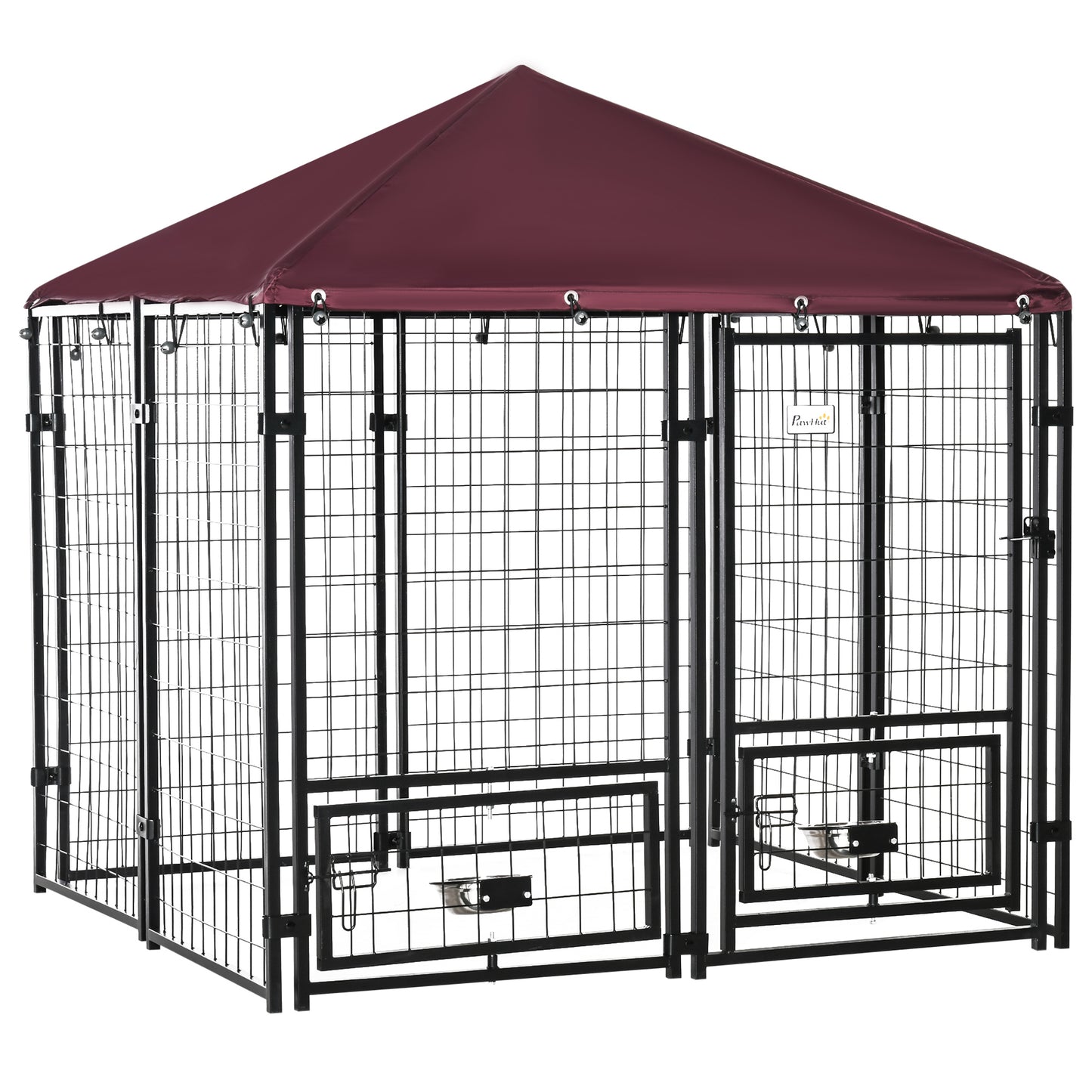 PawHut Outdoor Dog Kennel with Rotating Bowl Holders, Water and UV-Resistant Cover, for Medium, Small Dogs, Red