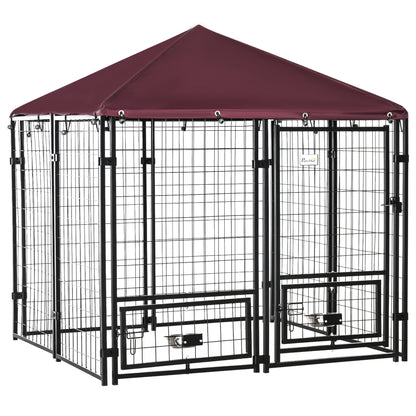 PawHut Outdoor Dog Kennel with Rotating Bowl Holders, Water and UV-Resistant Cover, for Medium, Small Dogs, Red