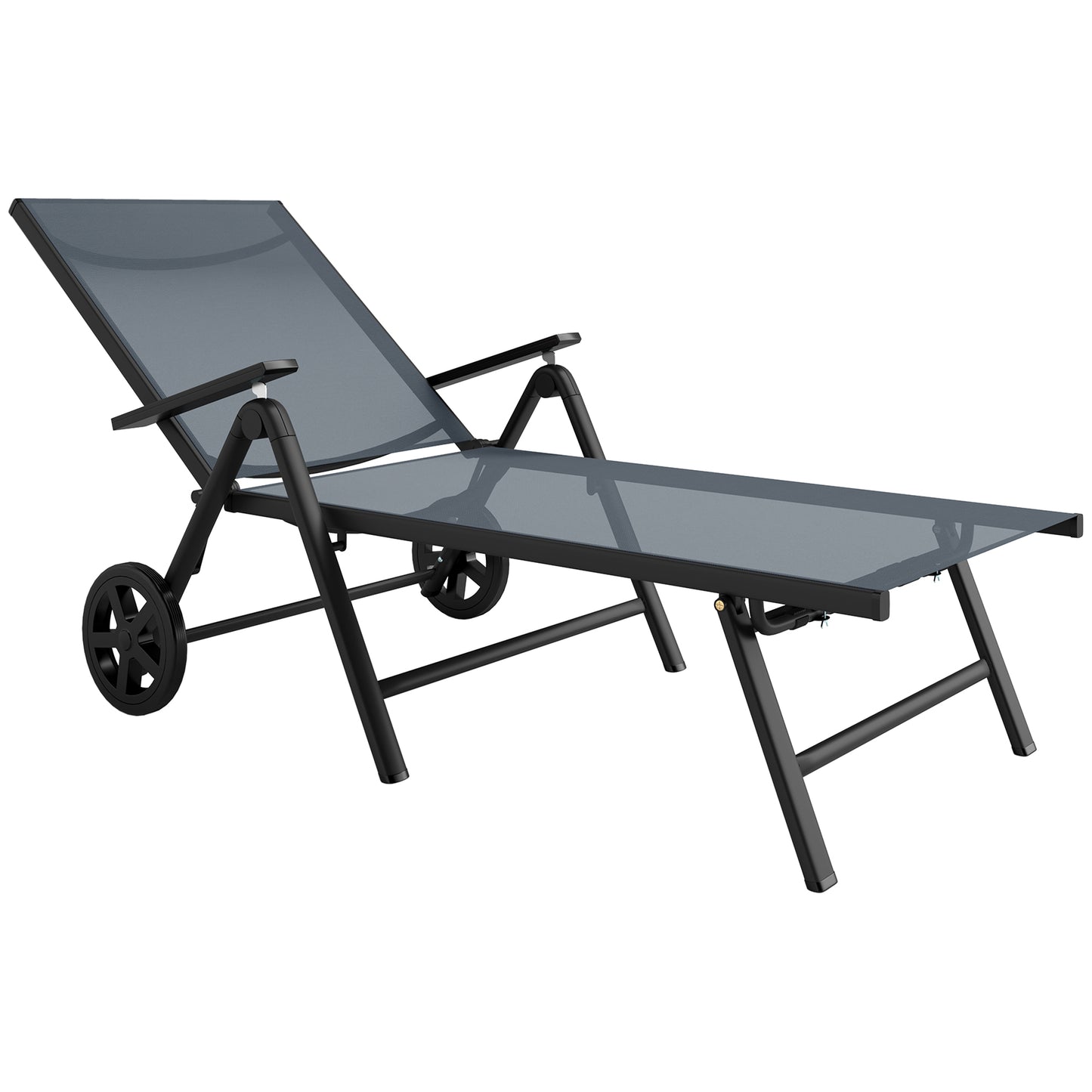 Outsunny Folding Sun Lounger with Wheels, 5-Position Adjustable Garden Chaise Lounge Sunbed with Armrests, Metal Frame Outdoor Portable Reclining Chair for Beach, Porch, Grey