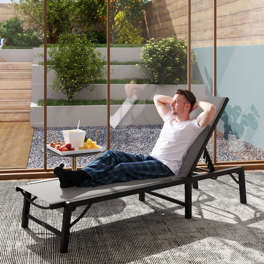 Outsunny Folding Sun Lounger, 5-Position Adjustable Garden Chaise Lounge Sunbed, Steel Frame Reclining Chair for Beach, Porch, Patio, Camping, Light Grey