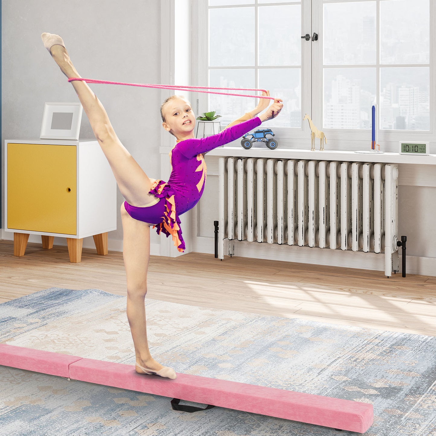 Portable Folding Gymnastic Beam with Carrying Handles-Pink