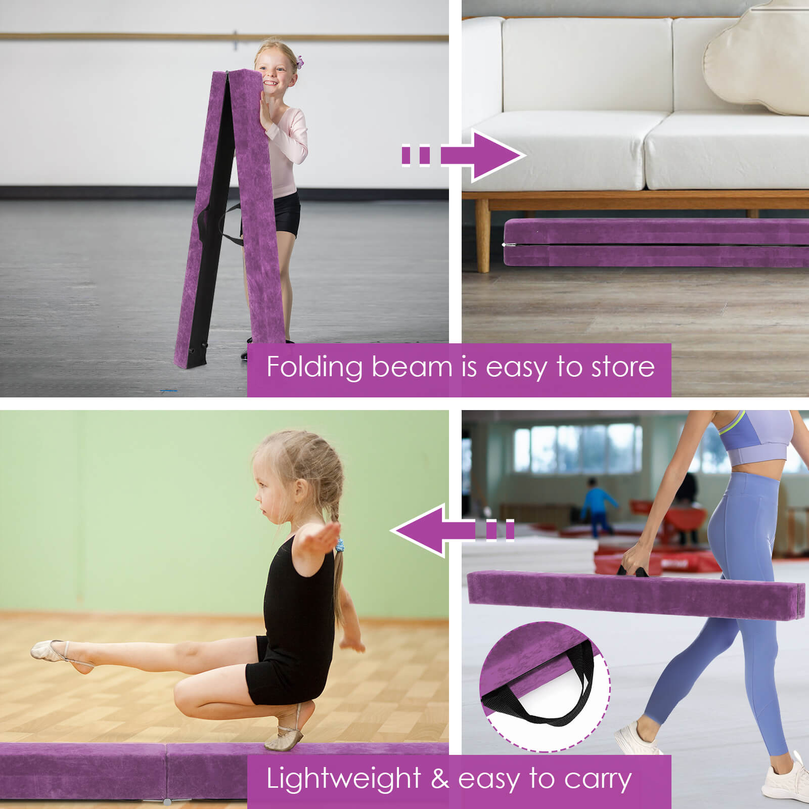 Portable Folding Gymnastic Beam with Carrying Handles-Purple