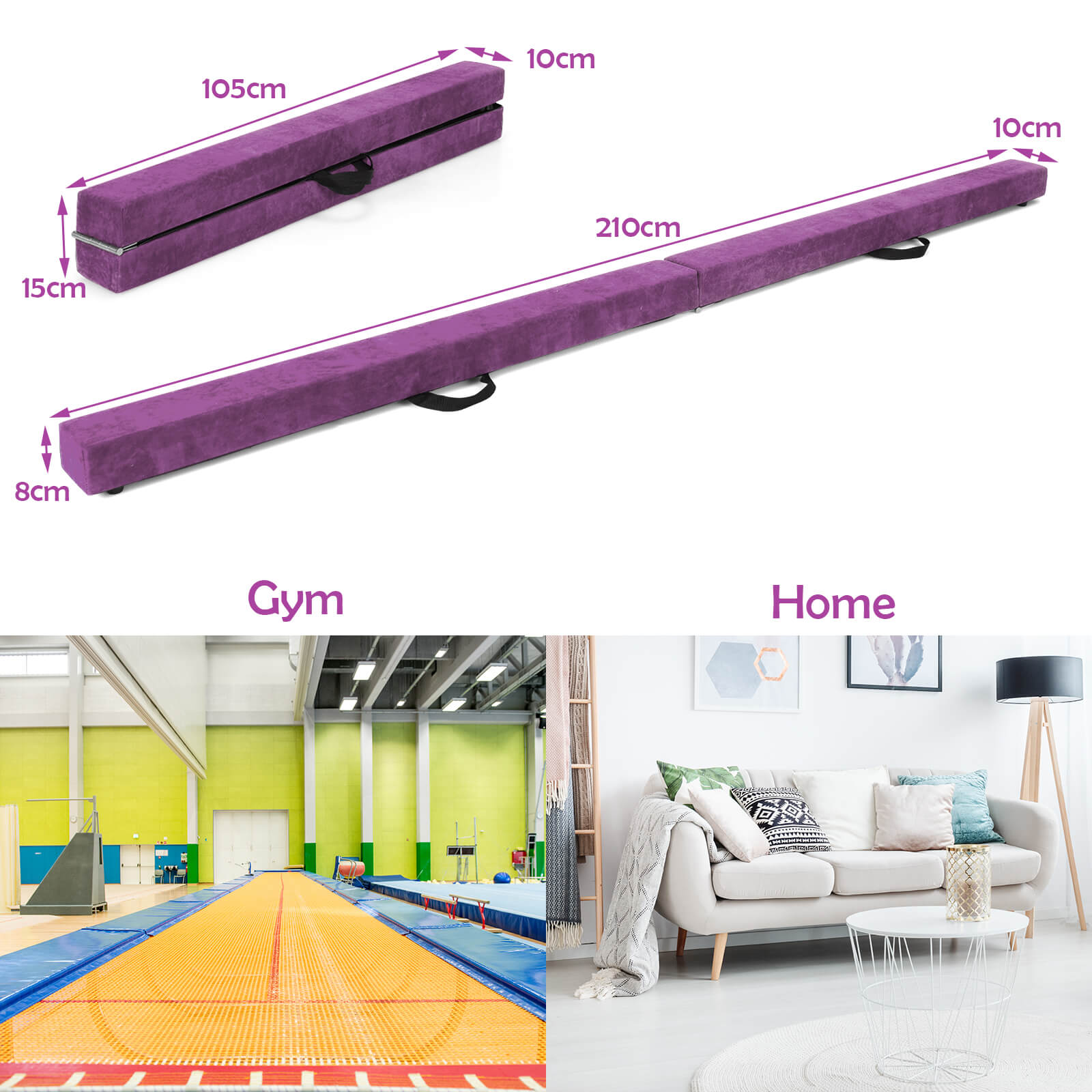 Portable Folding Gymnastic Beam with Carrying Handles-Purple