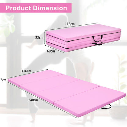 Folding Gymnastics Mat with Carry Handles, Hook and Loop Fasteners-Pink