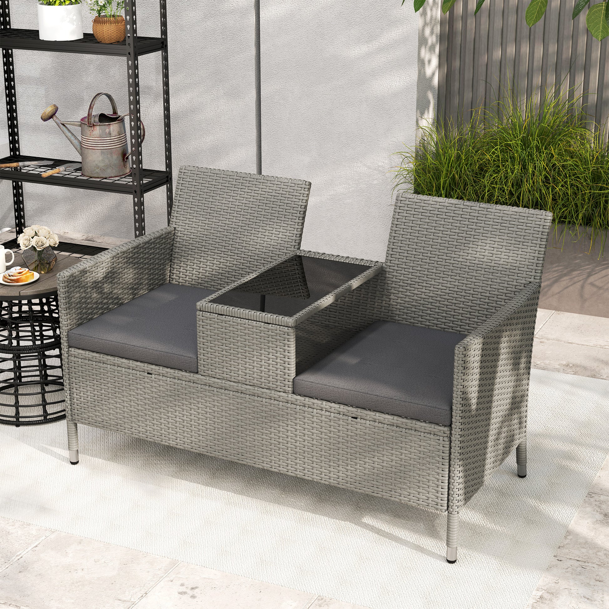 Outsunny 2-Seater PE Rattan Outdoor Garden Bench w/ Centre Table Grey