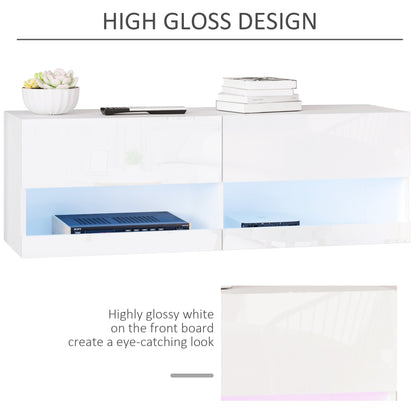 HOMCOM Wall Mount TV Stand with 20 Colors LED Lights, Remote Control, High Gloss Entertainment Center Media Console with Storage Compartments