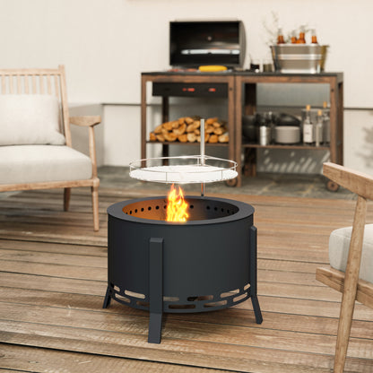 Outsunny Portable Fire Pit, 58 cm Round Firepit with Grill Grate, Fire Bowl with Ash Catcher and Poker, Fire Pit BBQ for Garden Camping Bonfire Picnic, Black