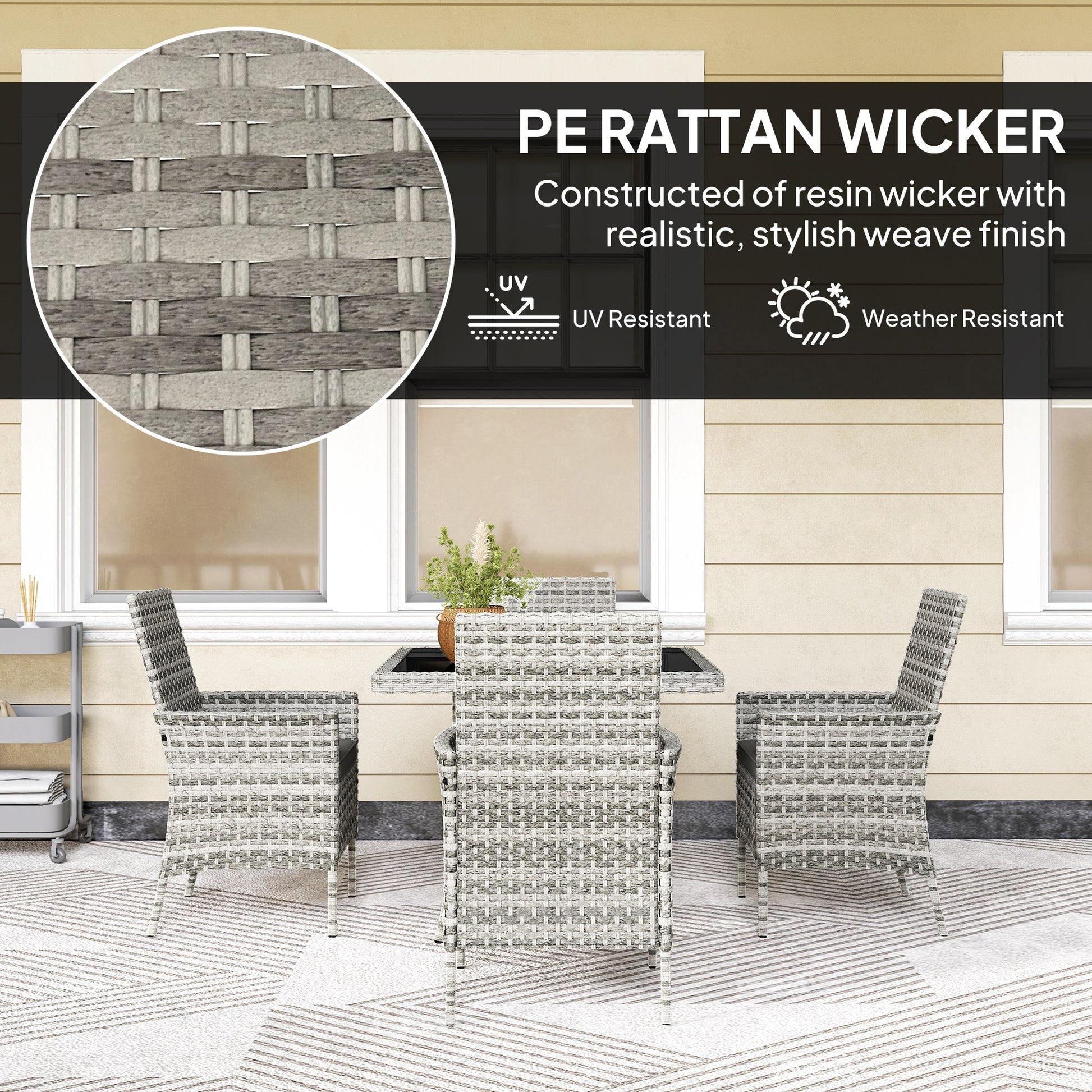 Outsunny Rattan Garden Furniture Set, Outdoor Dining Table and Chairs 4 Seater with Cushions, Square Tempered Glass Top, 4 Armchairs, for Balcony, Terrace, Conservatory, Mixed-Grey