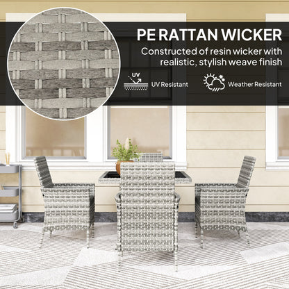 Outsunny Rattan Garden Furniture Set, Outdoor Dining Table and Chairs 4 Seater with Cushions, Square Tempered Glass Top, 4 Armchairs, for Balcony, Terrace, Conservatory, Mixed-Grey