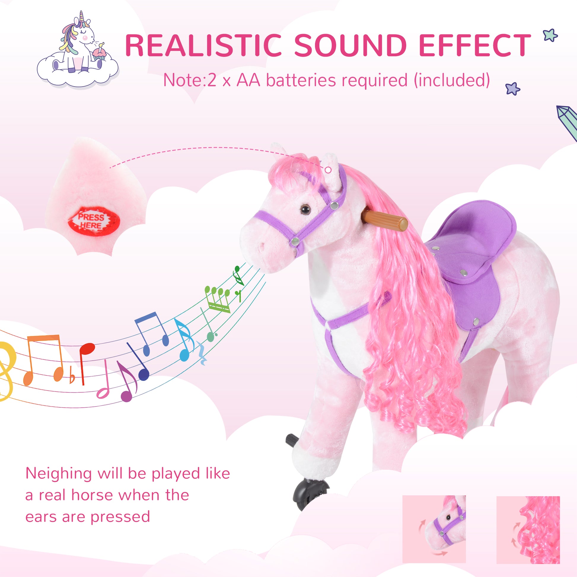 HOMCOM Kids Plush Ride On Walking Horse W/Sound-Pink