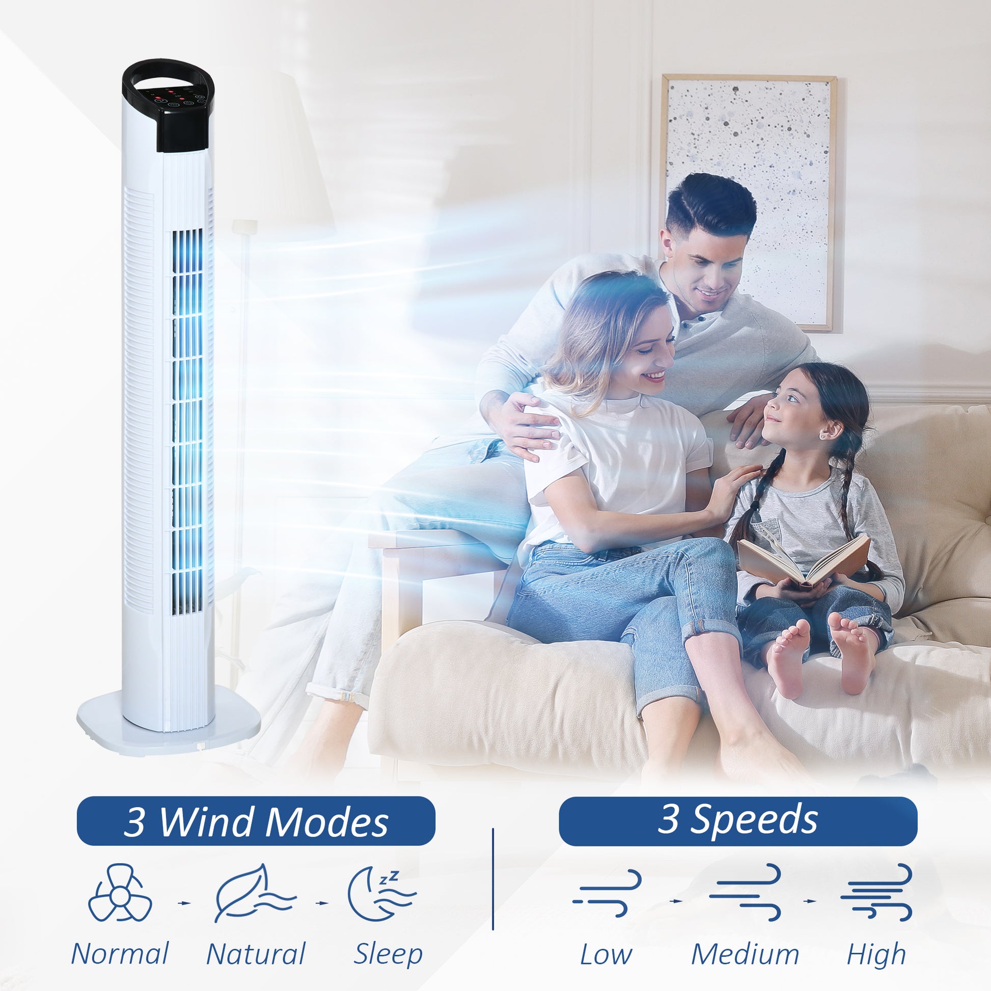 HOMCOM Freestanding Tower Fan, 3 Speed 3 Mode, 7.5h Timer, 70 Degree Oscillation, LED Panel, 5M Remote Controller, Black and White