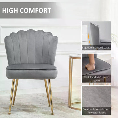 HOMCOM Velvet-Feel Shell Luxe Accent Chair, Glam Vanity Chair Makeup Seat, Home Bedroom Lounge with Metal Legs Comfort Padding, Grey