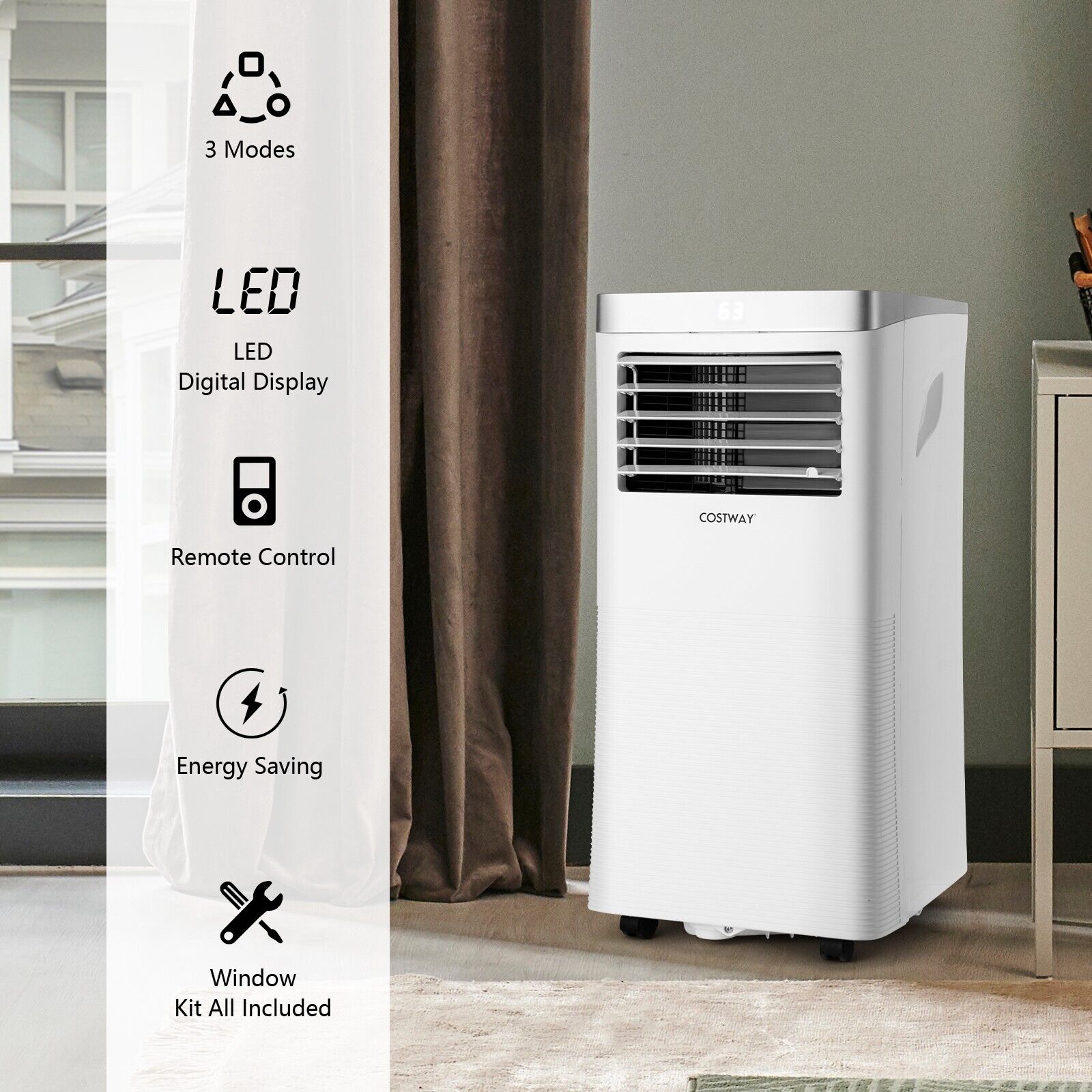 9000BTU Portable Air Conditioner with Remote Control and 24H Timer