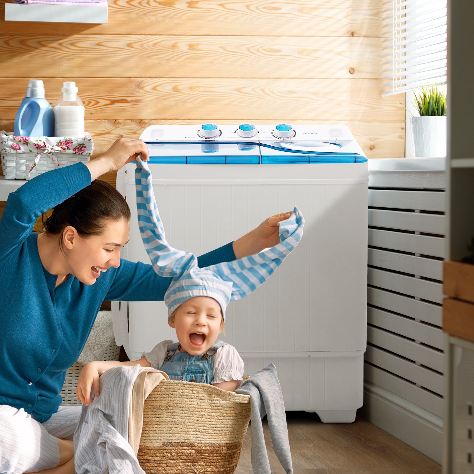 Portable Laundry Washer Spin Dryer with Timing Function and Drain Pump-Blue