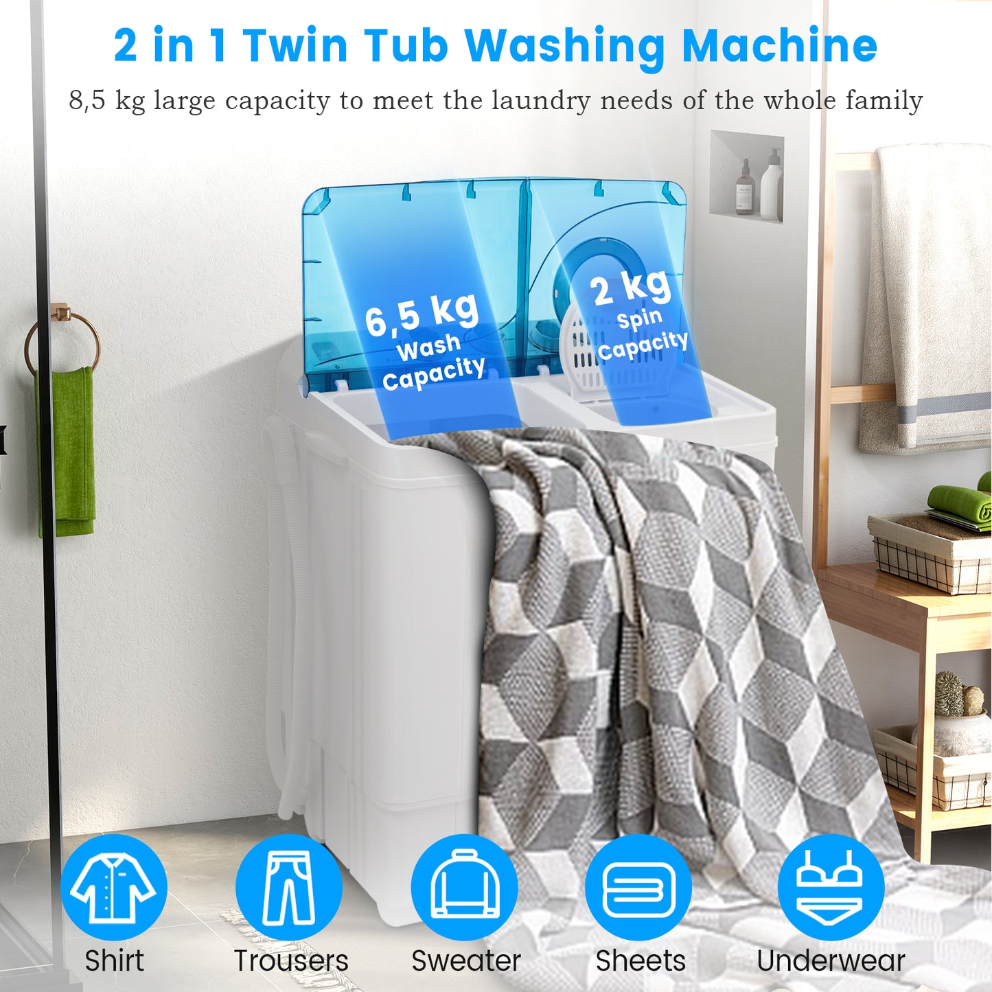 Portable Laundry Washer Spin Dryer with Timing Function and Drain Pump-Blue