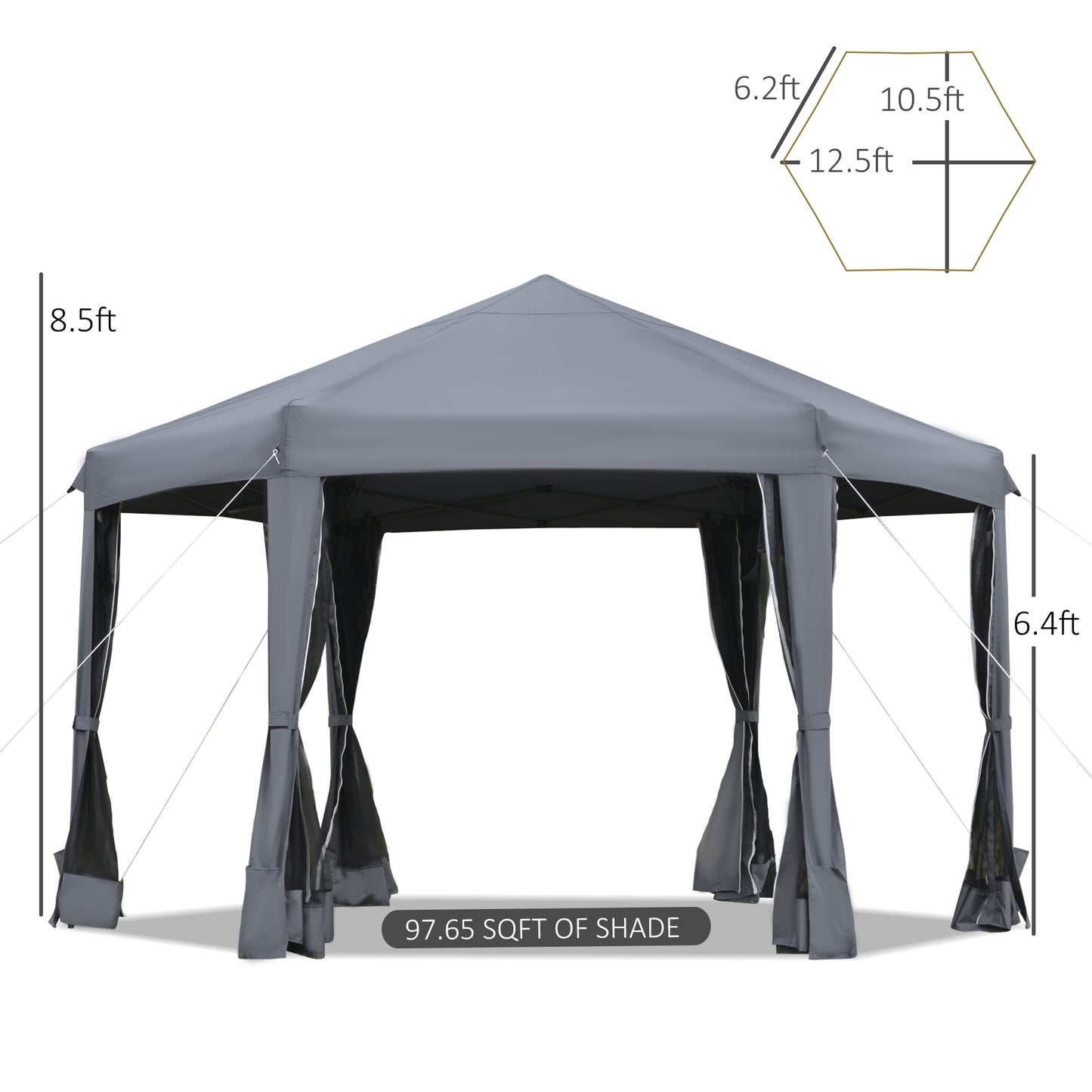 Outsunny 3.2m Canopy Rentals Pop Up Gazebo Hexagonal Canopy Tent Outdoor Sun Protection with Mesh Sidewalls, Handy Bag, Grey