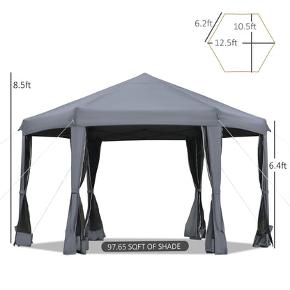 Outsunny 3.2m Canopy Rentals Pop Up Gazebo Hexagonal Canopy Tent Outdoor Sun Protection with Mesh Sidewalls, Handy Bag, Grey