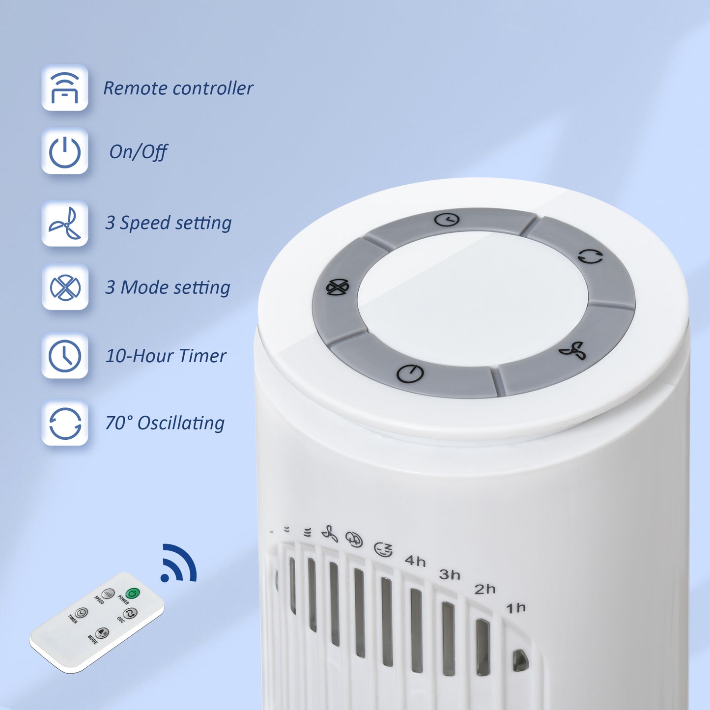 HOMCOM 30'' Freestanding Tower Fan, 3 Speed 3 Mode, 10h Timer, 70 Degree Oscillation, LED Light, 5M Remote Controller, White
