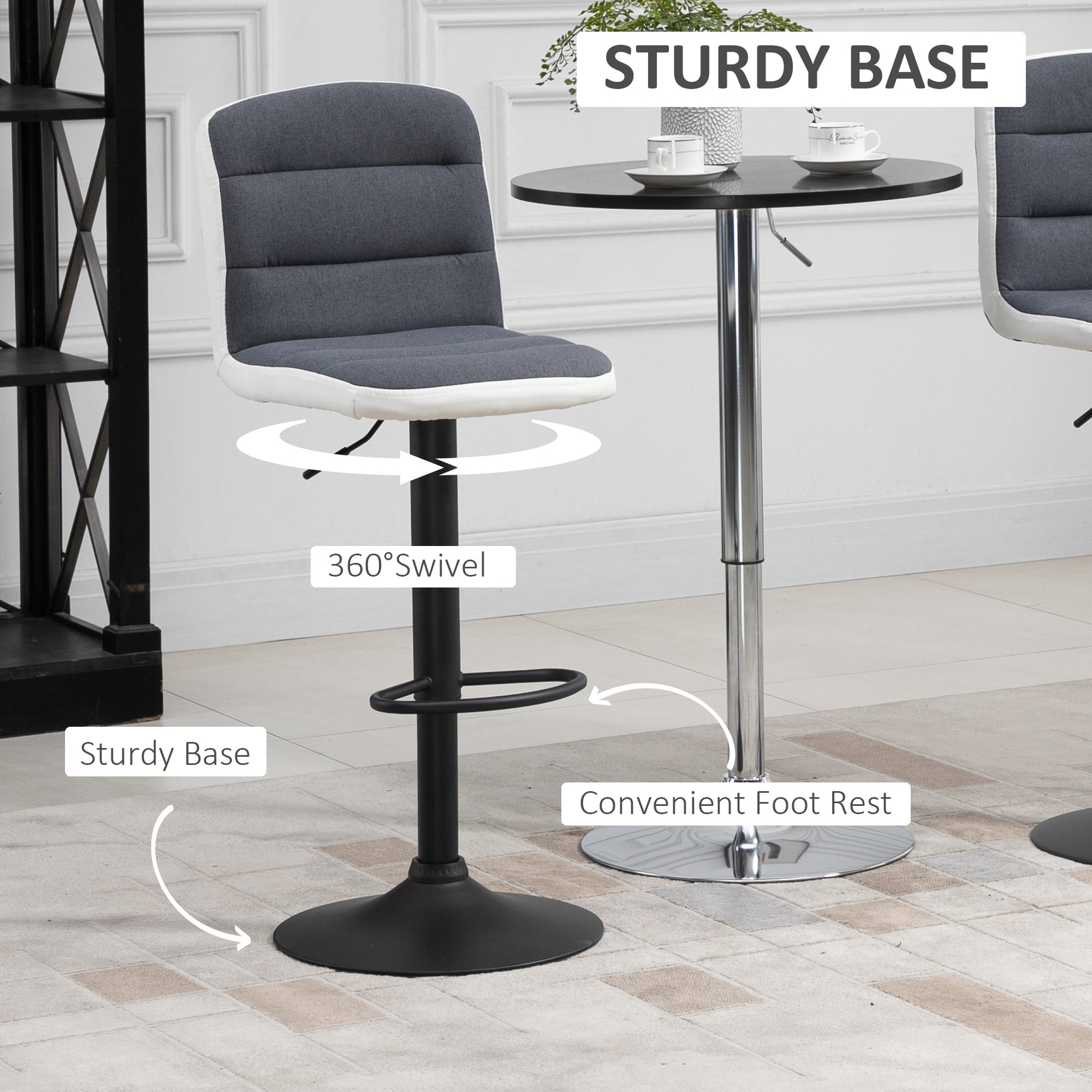 HOMCOM Bar stool Set of 2 Armless Adjustable Height Upholstered Bar Chair with Swivel Seat, Dark Grey