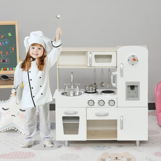 HOMCOM Kids Kitchen Playset Luxury Kitchen Accessories Set Pretend Cooking Set with Telephone Ice Machine, White